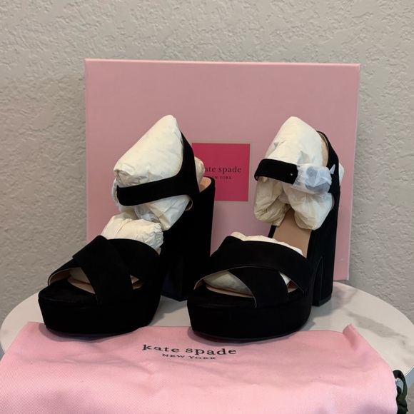 Kate Spade Black Grace Platform Suede Sandals Shoes Size 8.5 NWT